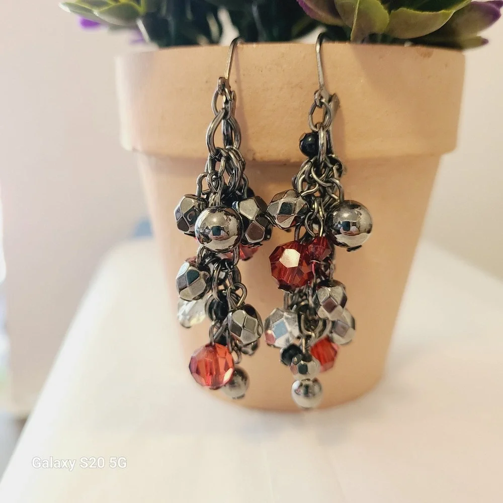 Dangle Drop Bead Earrings Silver Red Black Cluster Party Jewelry